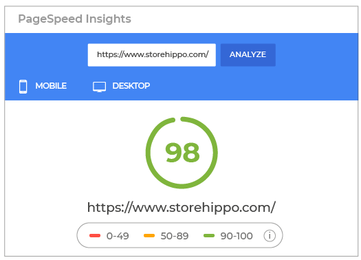 High performance ecommerce website powered with StoreHippo headless commerce solutions showing page speed score 98.