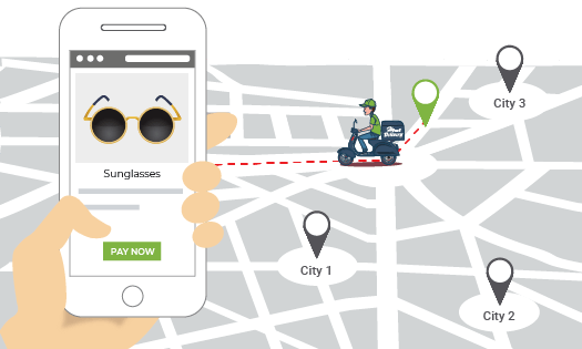 A mobile app & Google map showing inbuilt hyperlocal ecommerce solution by StoreHippo headless commerce platform.