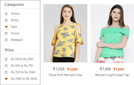 Faceted search feature of StoreHippo powered women's apparel store showing better navigation and product visibility.