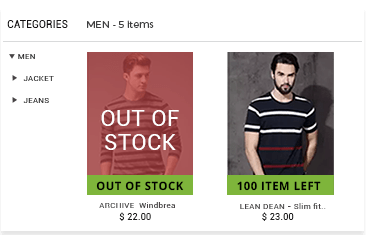 Product management software of StoreHippo powered apparel website showing products marked as out of stock & 100 items left.