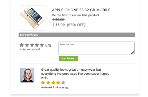 Product management software of StoreHippo powered mobile phone website showing review & rating feature on product page.