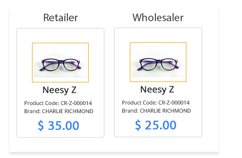 Product management software of StoreHippo powered glasses website showing pricing override feature for a pair of glasses.