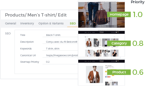 StoreHippo SEO friendly platform's inbuilt sitemap priority feature with example of men's tshirt pages & sitemap priority.