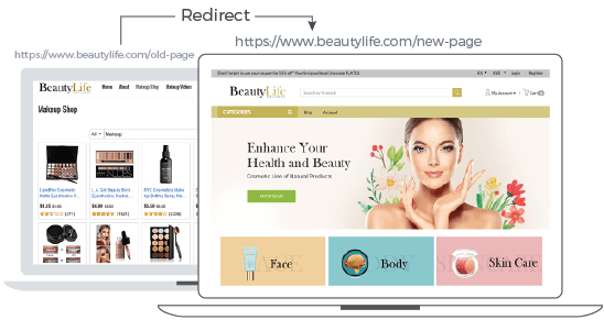 StoreHippo SEO friendly platform's redirect feature showing redirect of old page to new improved page.